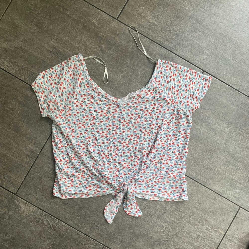 Ribbed crop tie top with floral print M